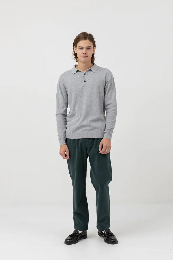 Textured Knit LS Polo - Heather Grey
