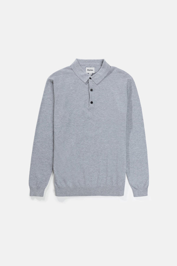 Textured Knit LS Polo - Heather Grey