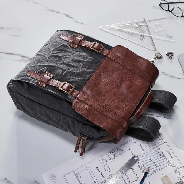 Aldrich Unisex Backpack - Up-Cycled Canvas and Leather